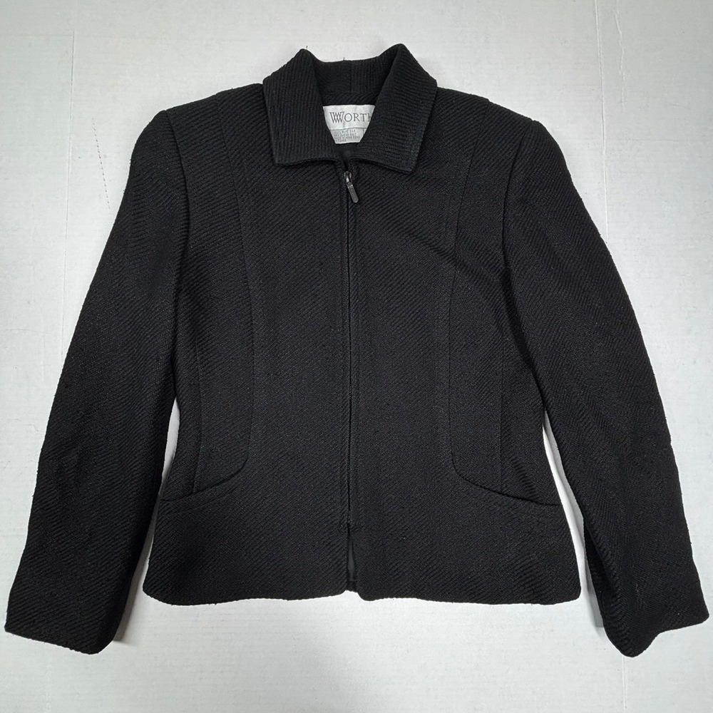 WORTH 100% Pure Silk‎ Full Zip Tweed Blazer Jacket Womens 2 Black Career EUC